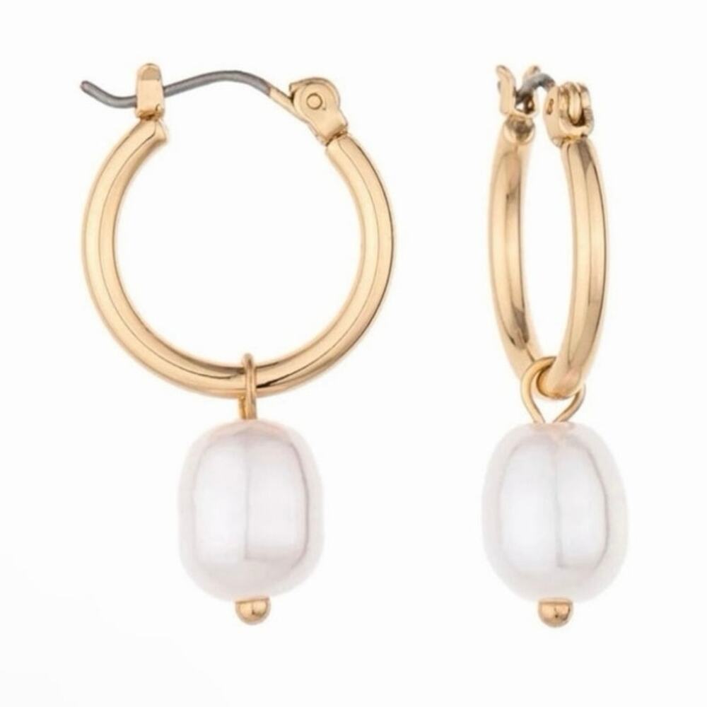 Charged Pearl Gold Tone Huggie Earrings NEW
